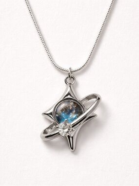 925 Sterling Silver Star Orbit Pendant Necklace with Blue Galaxy design